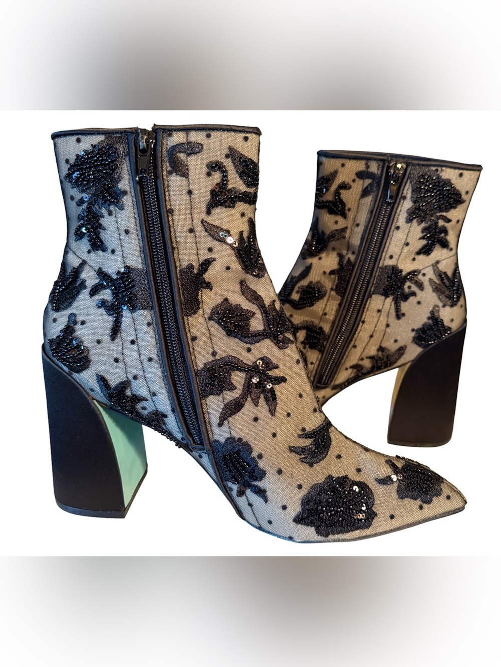 Betsey Johnson Black Beaded Floral Mesh Ankle Boots - Picture 3 of 10